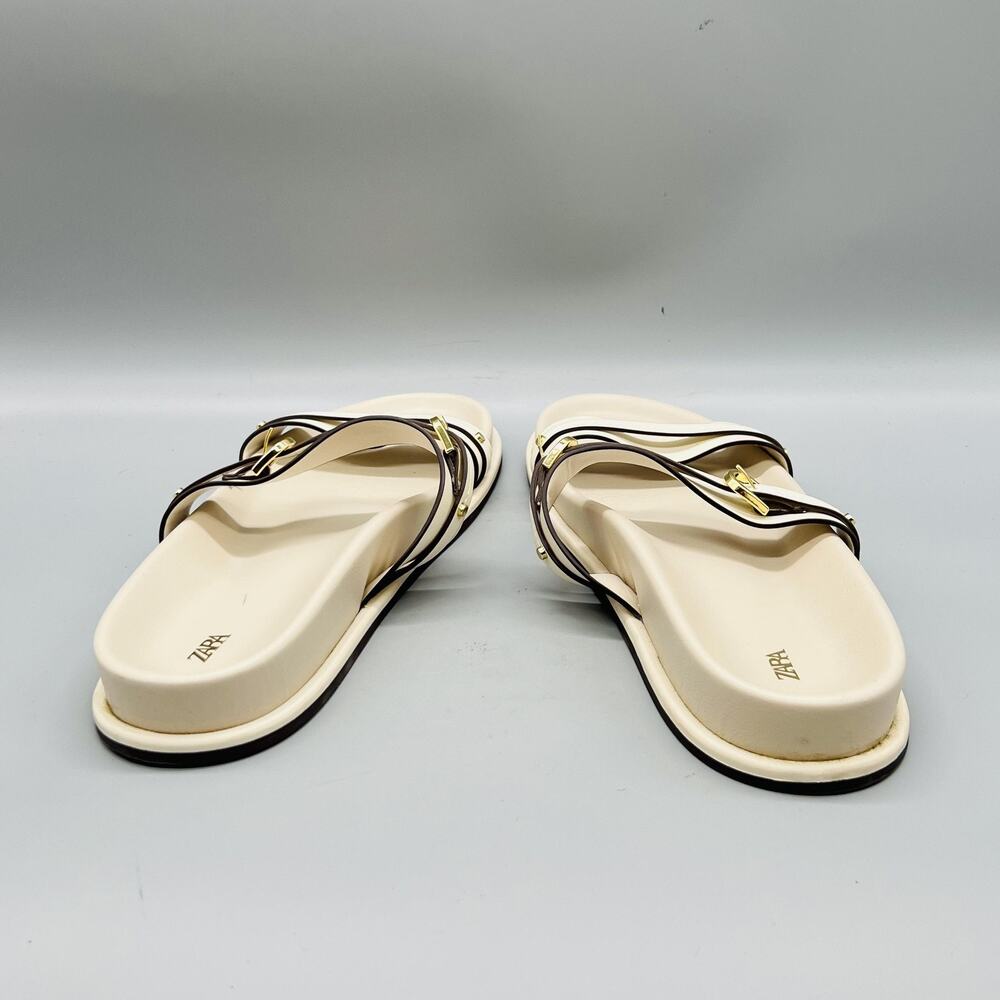 Zara Sandals Womens 8 White Faux Leather Strappy Buckle Slide Flat Shoes Comfort - Picture 6 of 11
